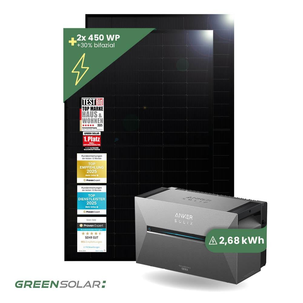 Balkonkraftwerk Basic 900/800 bifazial mit Balkonkraftwerkspeicher 2,7kWh "Anker SOLIX Solarbank 3 E-2700 Pro"