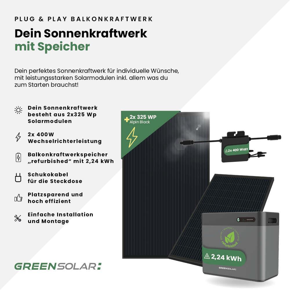 2x Sonnenkraftwerke 325/400W mit Balkonkraftwerkspeicher refurbished 2,24 kWh