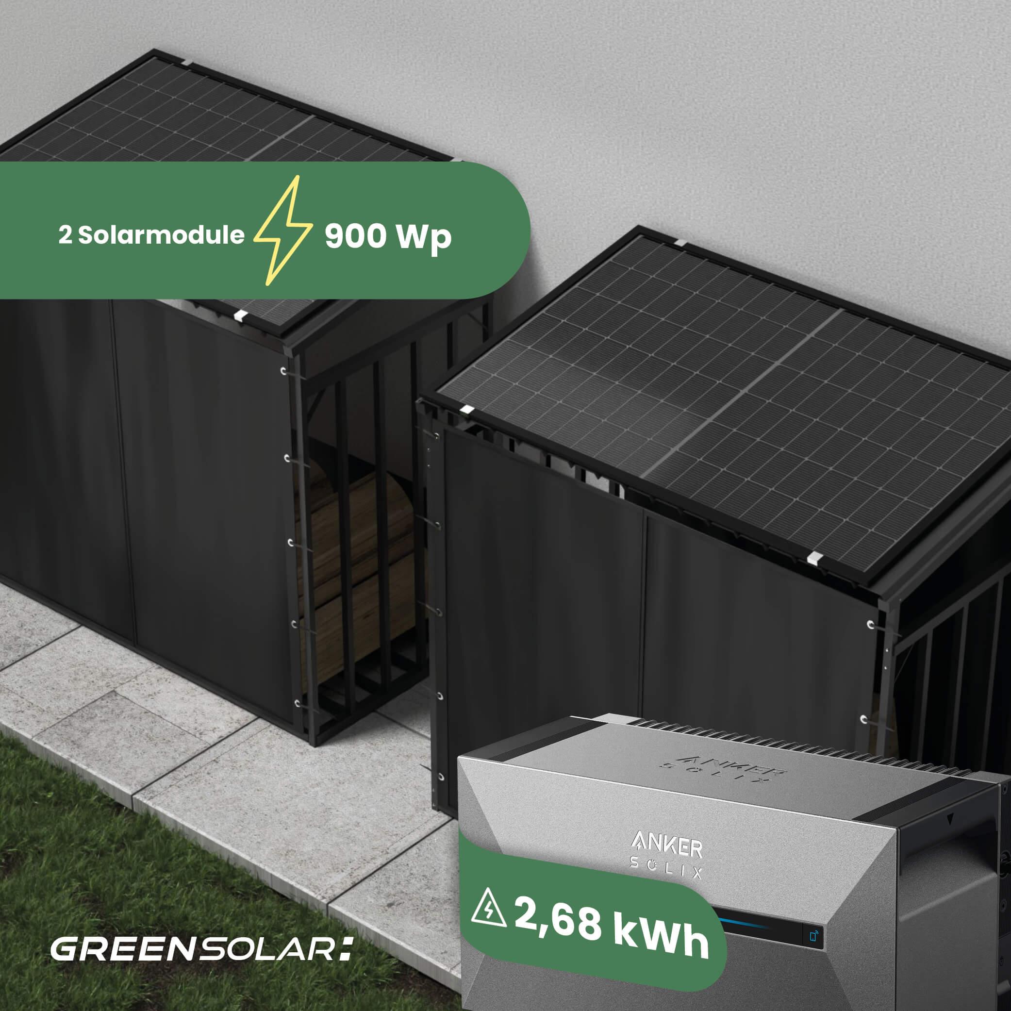 Kaminholzregal mit Balkonkraftwerk 900/800 black und Balkonkraftwerk-Speicher Anker Solarbank 3 E2700 inkl. Plane