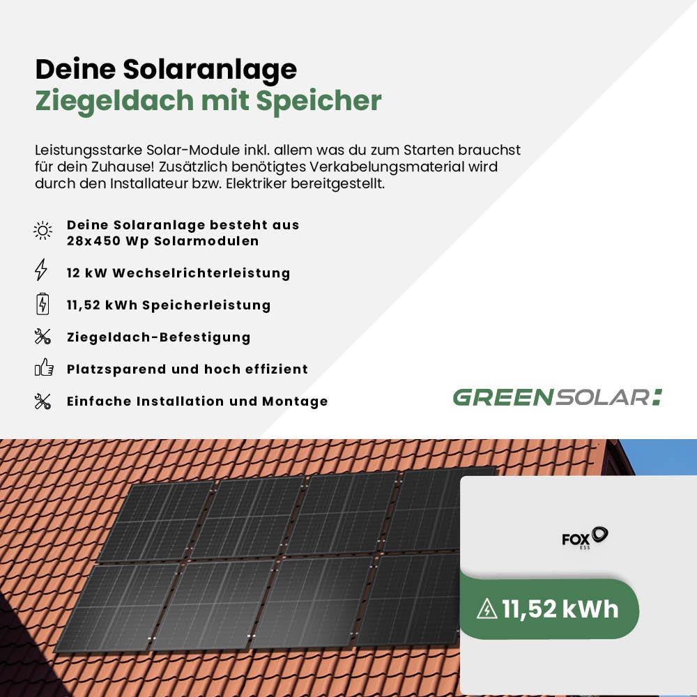 Solaranlage Ziegeldach 12kWp mit Speicher 11,52 kWh