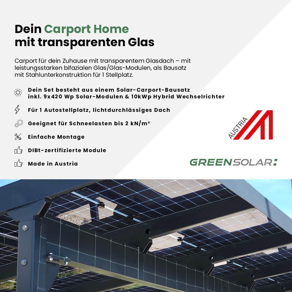Carport 1 Stellplatz Glas/Glas - 2kn - 3,78kWp inkl. 10kWp Hybrid WR
