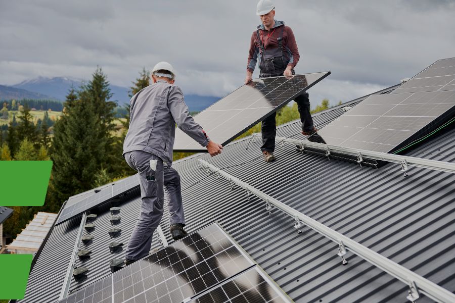 Zwei Männer bauen ein Balkonkraftwerk ab um es zu entsorgen