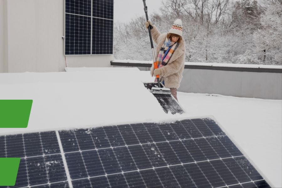 Eine Frau befreit ein Balkonkraftwerk von Schnee im Winter