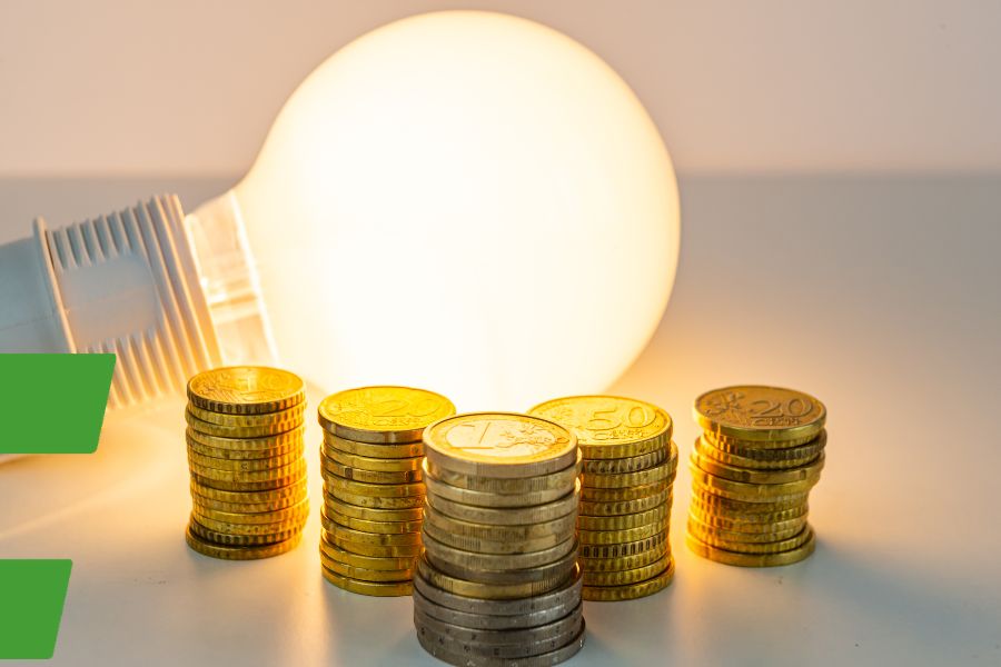 Eine Glühlampe zeigt symbolisch den durch einen Speicher genutzten Strom und das Geld, welches man sich sparen kann.