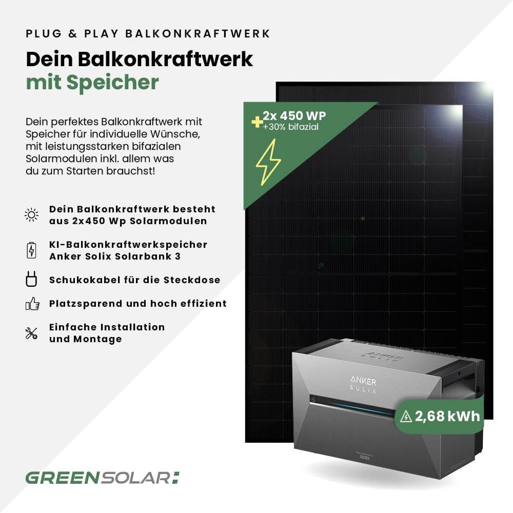 Balkonkraftwerk Basic 900/800 bifazial mit Balkonkraftwerkspeicher 2,7kWh "Anker SOLIX Solarbank 3 E-2700 Pro"