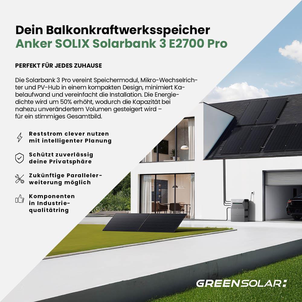 Balkonkraftwerk Basic 1800/800 black bifazial mit Balkonkraftwerkspeicher 2,7kWh "Anker SOLIX Solarbank 3 E-2700 Pro"