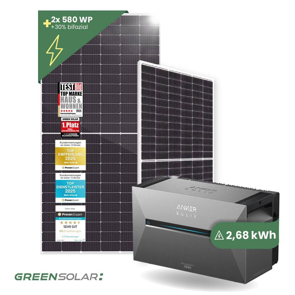 Solarkraftwerk Basic 1160/800 silver bifazial mit Balkonkraftwerkspeicher 2,7kWh "Anker SOLIX Solarbank 3 E-2700 Pro"