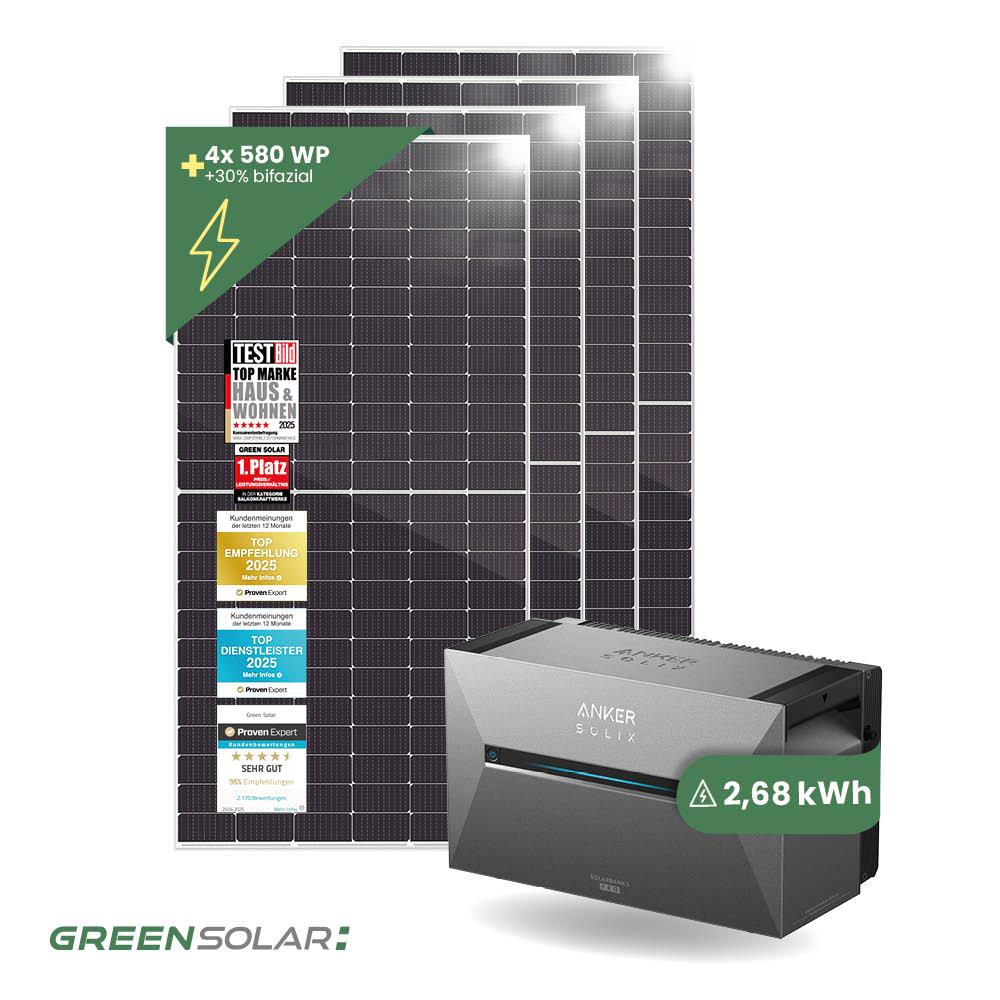 Solarkraftwerk Basic 2320/800 silver bifazial mit Balkonkraftwerkspeicher 2,7kWh "Anker SOLIX Solarbank 3 E-2700 Pro"