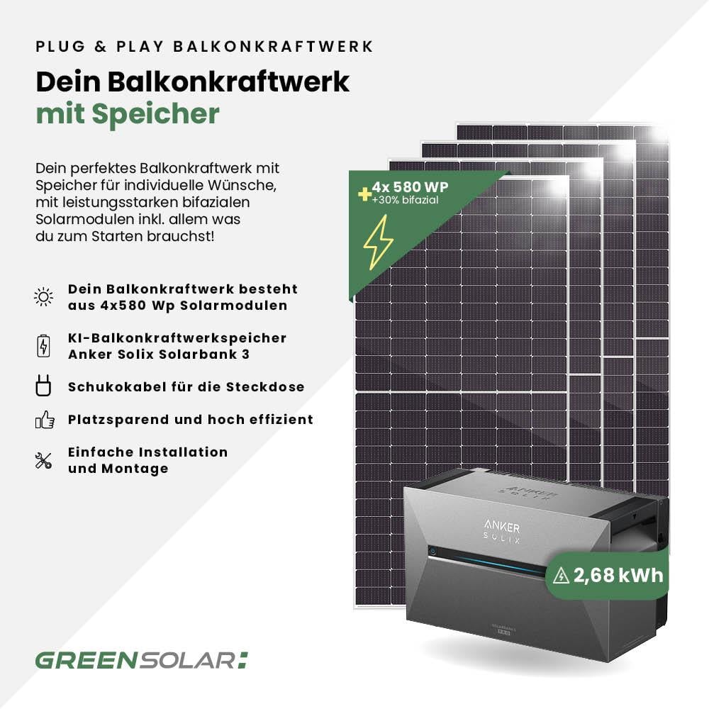 Solarkraftwerk Basic 2320/800 silver bifazial mit Balkonkraftwerkspeicher 2,7kWh "Anker SOLIX Solarbank 3 E-2700 Pro"