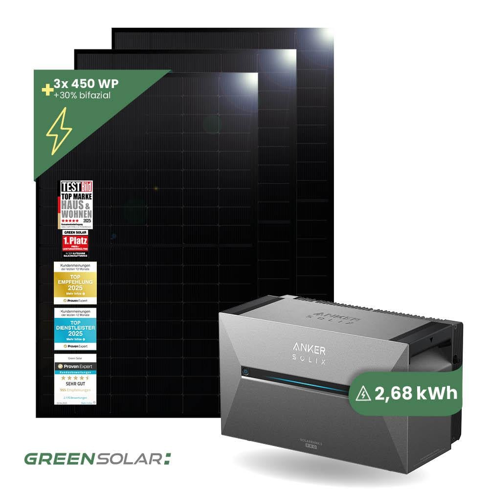 Balkonkraftwerk Basic 1350/800 black bifazial mit Balkonkraftwerkspeicher 2,7kWh "Anker SOLIX Solarbank 3 E-2700 Pro"