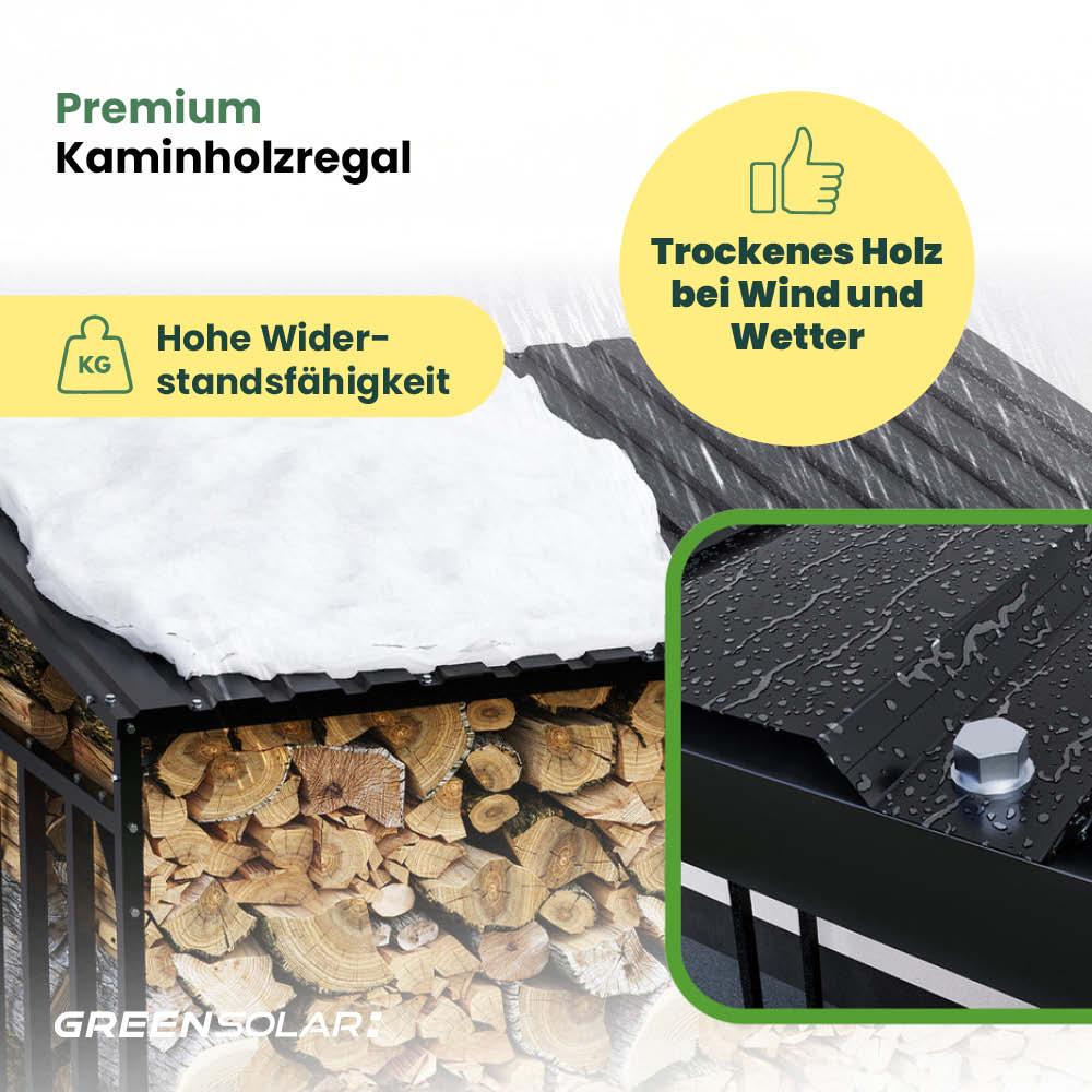 Kaminholzregal mit Balkonkraftwerk 450 Wp und Batteriespeicher Anker SOLIX Solarbank 2 E1600 inkl. Plane