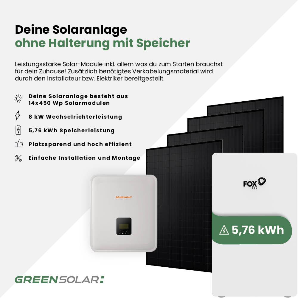 Solaranlage 6kWp mit Speicher 5,76 kWh ohne Halterung