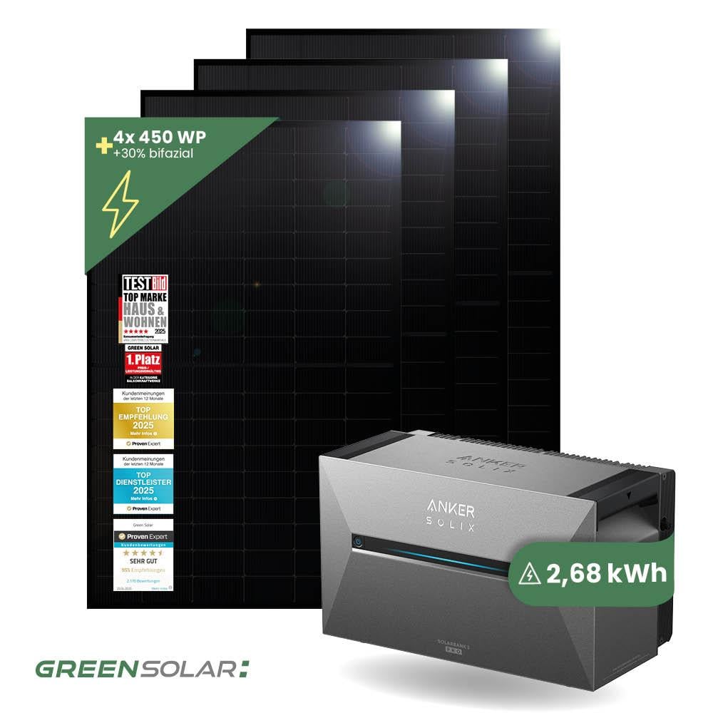 Balkonkraftwerk Basic 1800/800 black bifazial mit Balkonkraftwerkspeicher 2,7kWh "Anker SOLIX Solarbank 3 E-2700 Pro"