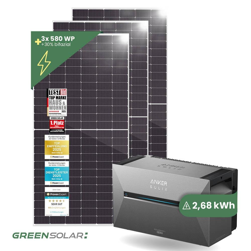 Solarkraftwerk Basic 1740/800 silver bifazial mit Balkonkraftwerkspeicher 2,7kWh "Anker SOLIX Solarbank 3 E-2700 Pro"