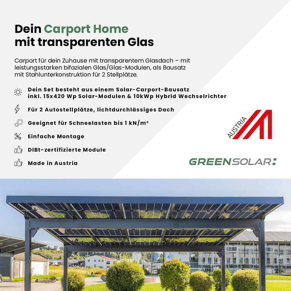 Carport 2 Stellplätze Glas/Glas - 1kn - 6,3kWp inkl. 10kWp Hybrid WR