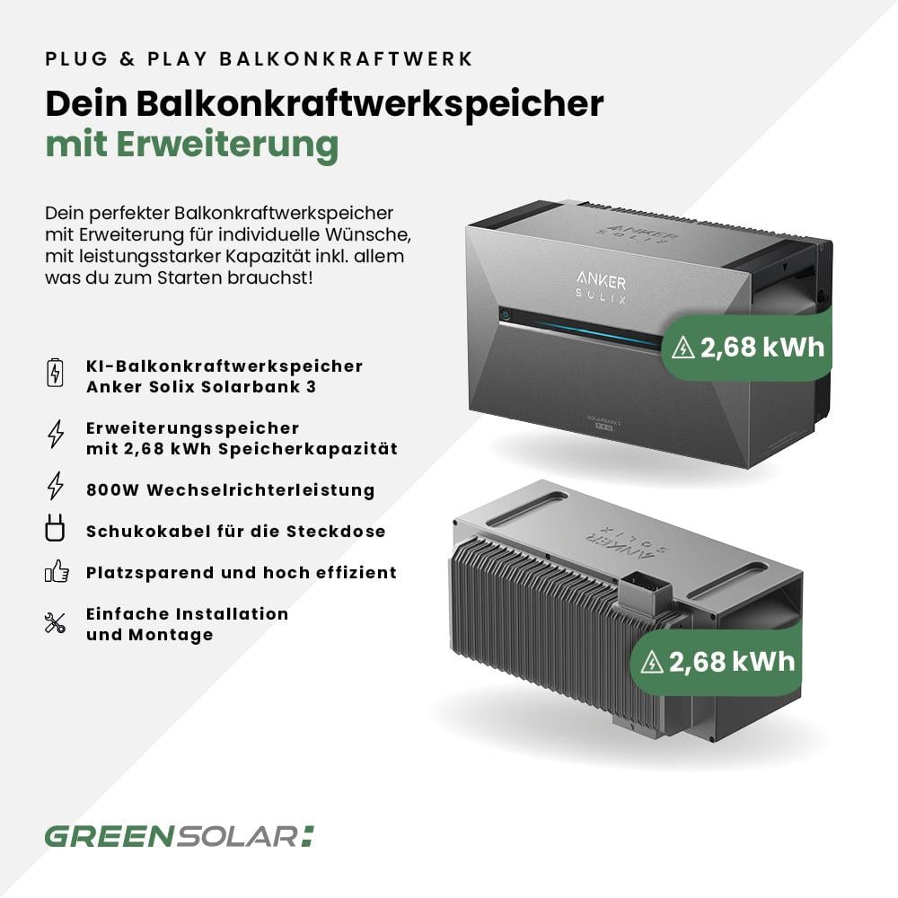 Balkonkraftwerkspeicher Anker SOLIX Solarbank 3 E2700 Pro und Erweiterung 5,4kWh