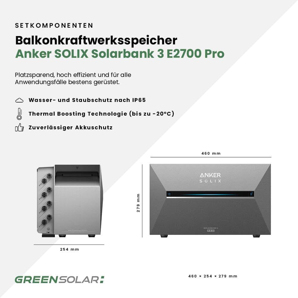 Balkonkraftwerk Basic 900/800 bifazial mit Balkonkraftwerkspeicher 2,7kWh "Anker SOLIX Solarbank 3 E-2700 Pro"