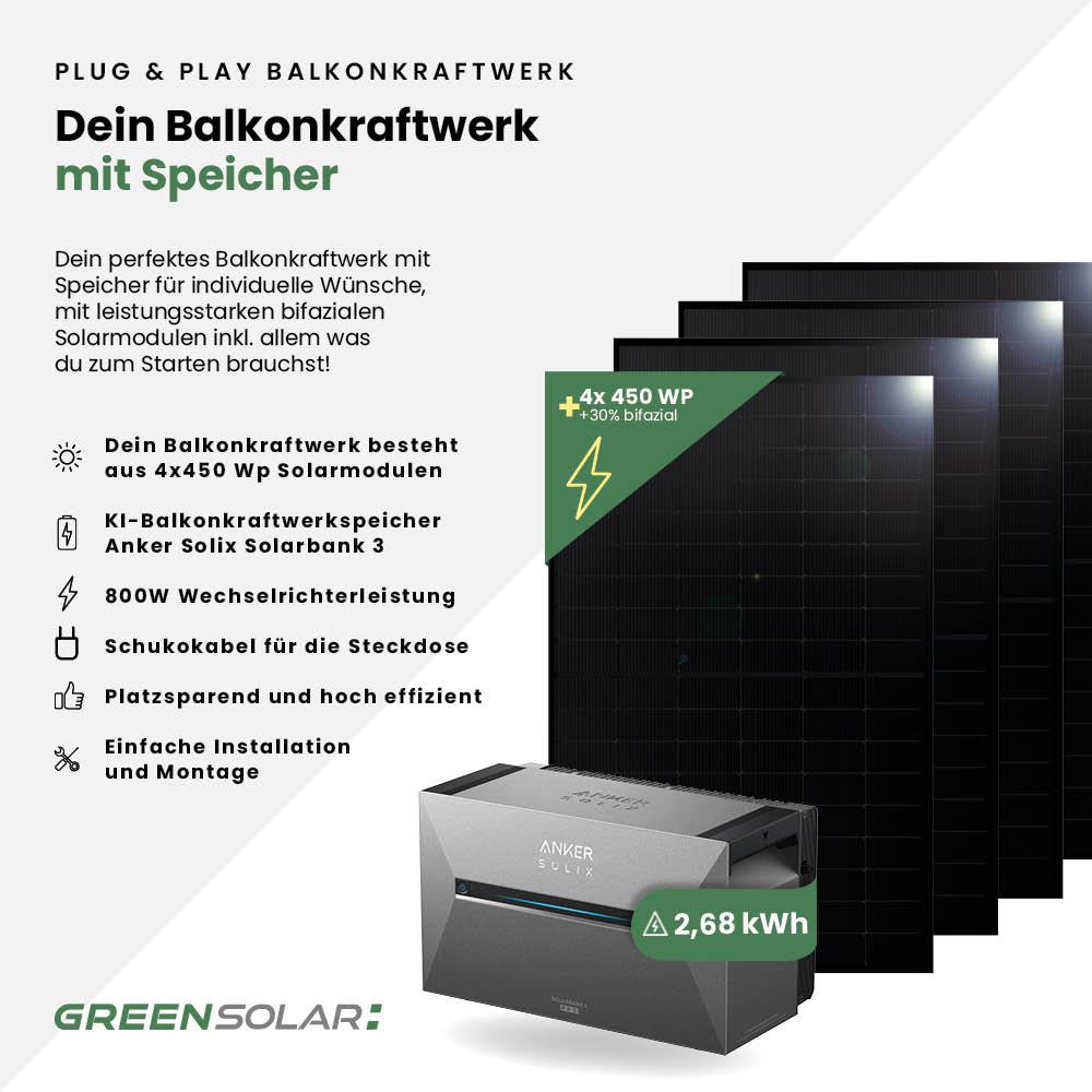 Balkonkraftwerk Basic 1800/800 black bifazial mit Balkonkraftwerkspeicher 2,7kWh "Anker SOLIX Solarbank 3 E-2700 Pro"