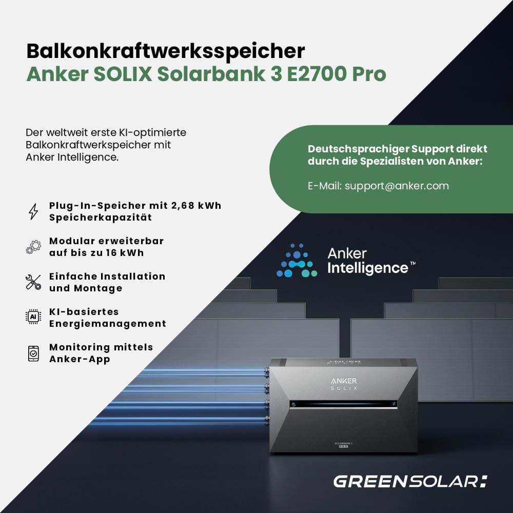 Balkonkraftwerk Basic 1800/800 black bifazial mit Balkonkraftwerkspeicher 2,7kWh "Anker SOLIX Solarbank 3 E-2700 Pro"