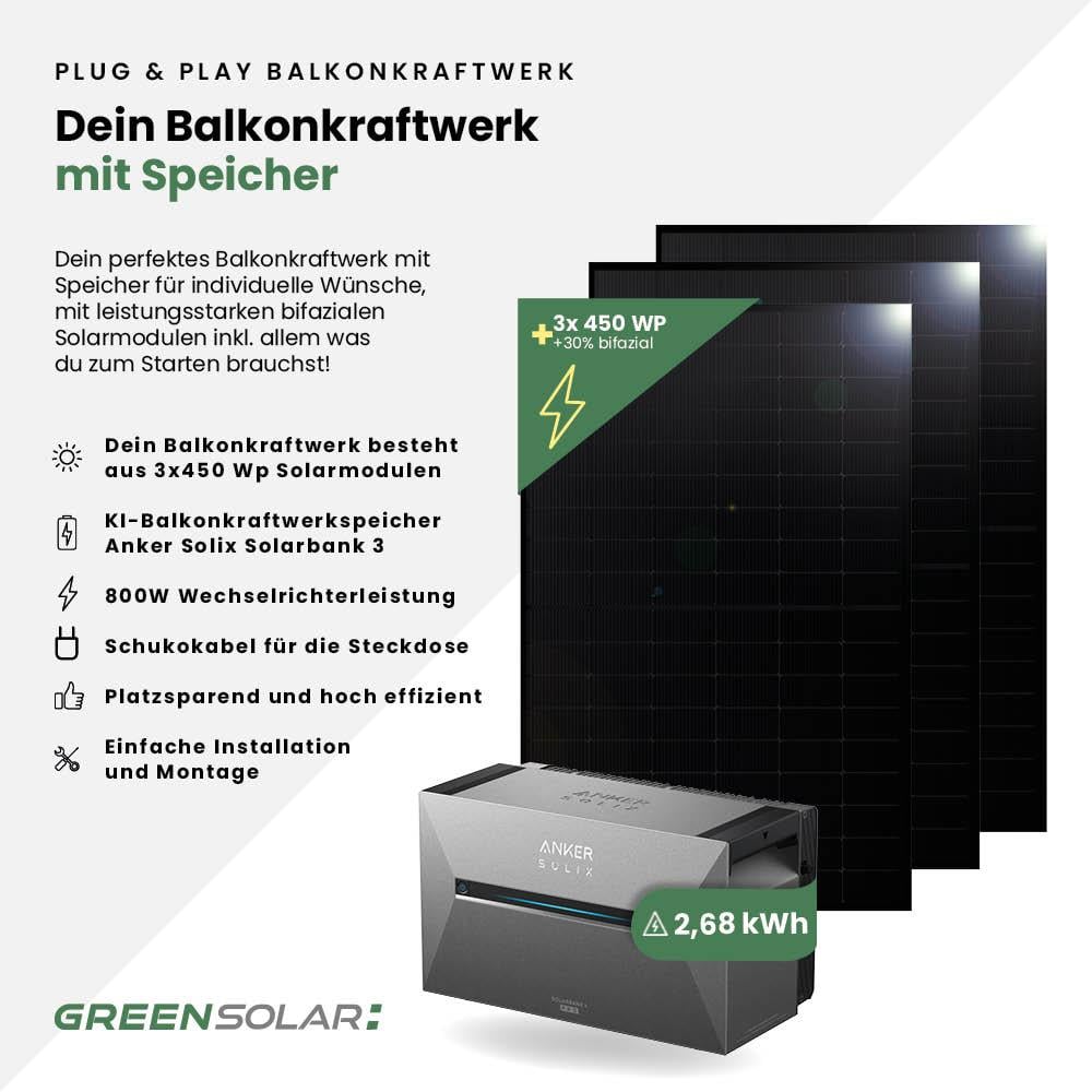 Balkonkraftwerk Basic 1350/800 black bifazial mit Balkonkraftwerkspeicher 2,7kWh "Anker SOLIX Solarbank 3 E-2700 Pro"
