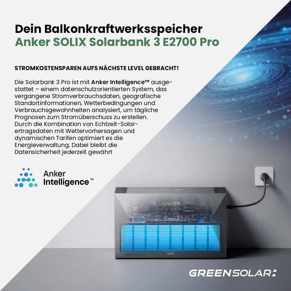 Balkonkraftwerk Basic 1350/800 black bifazial mit Balkonkraftwerkspeicher 2,7kWh "Anker SOLIX Solarbank 3 E-2700 Pro"