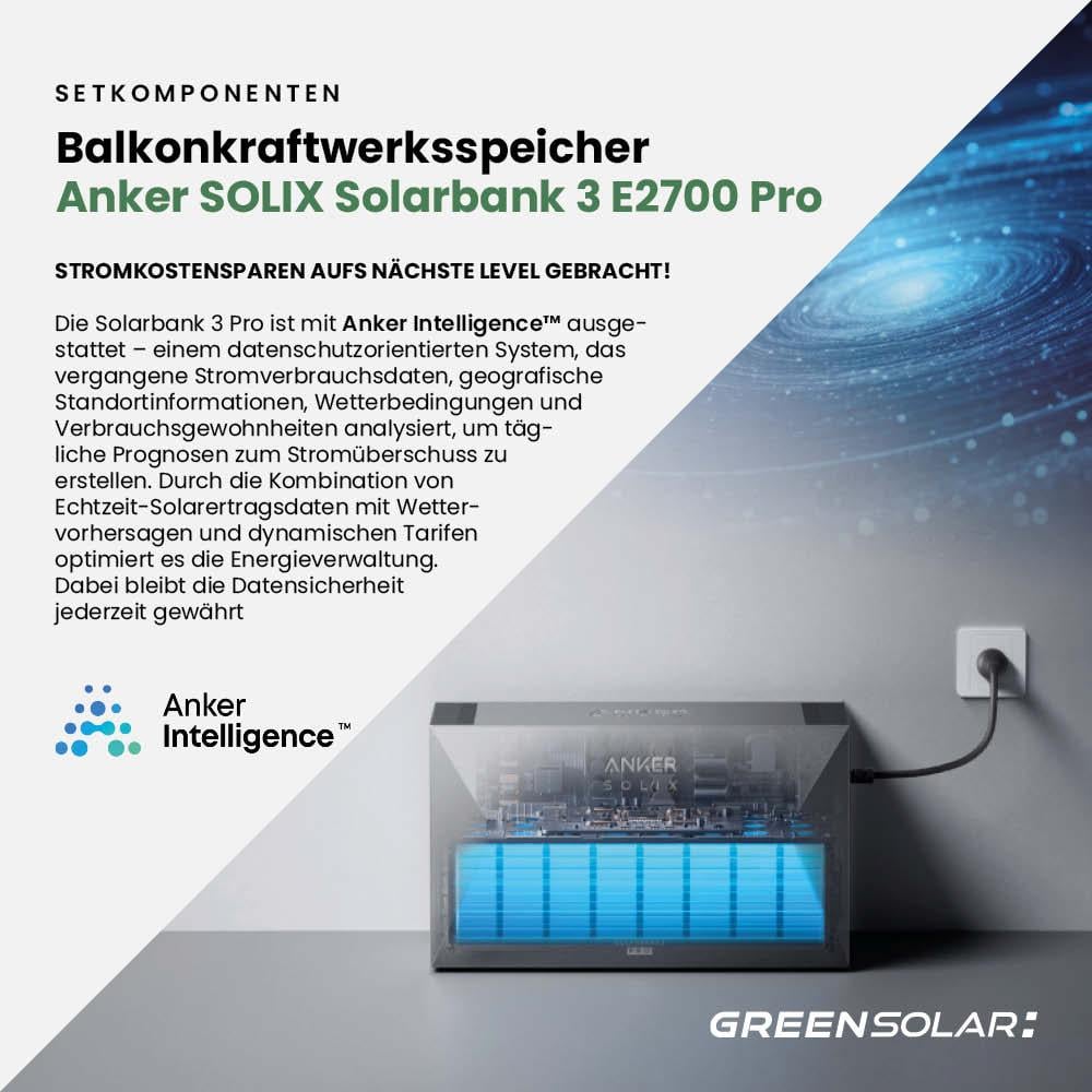 Balkonkraftwerk Basic 3600/800 black bifazial mit Balkonkraftwerkspeicher 2,7kWh "Anker SOLIX Solarbank 3 E-2700 Pro"
