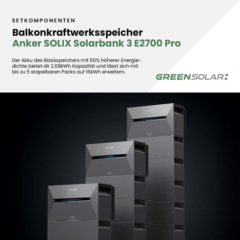 Balkonkraftwerk Basic 3600/800 black bifazial mit Balkonkraftwerkspeicher 2,7kWh "Anker SOLIX Solarbank 3 E-2700 Pro"
