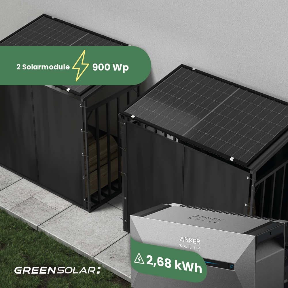 Kaminholzregal mit Balkonkraftwerk 900/800 black und Balkonkraftwerk-Speicher Anker Solarbank 3 E2700 inkl. Plane