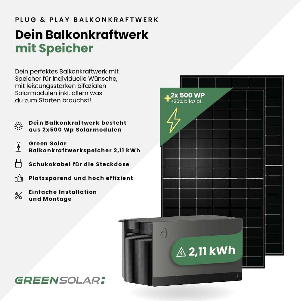 Balkonkraftwerk Basic 1000/800 black bifazial mit Balkonkraftwerkspeicher 2,11 kWh