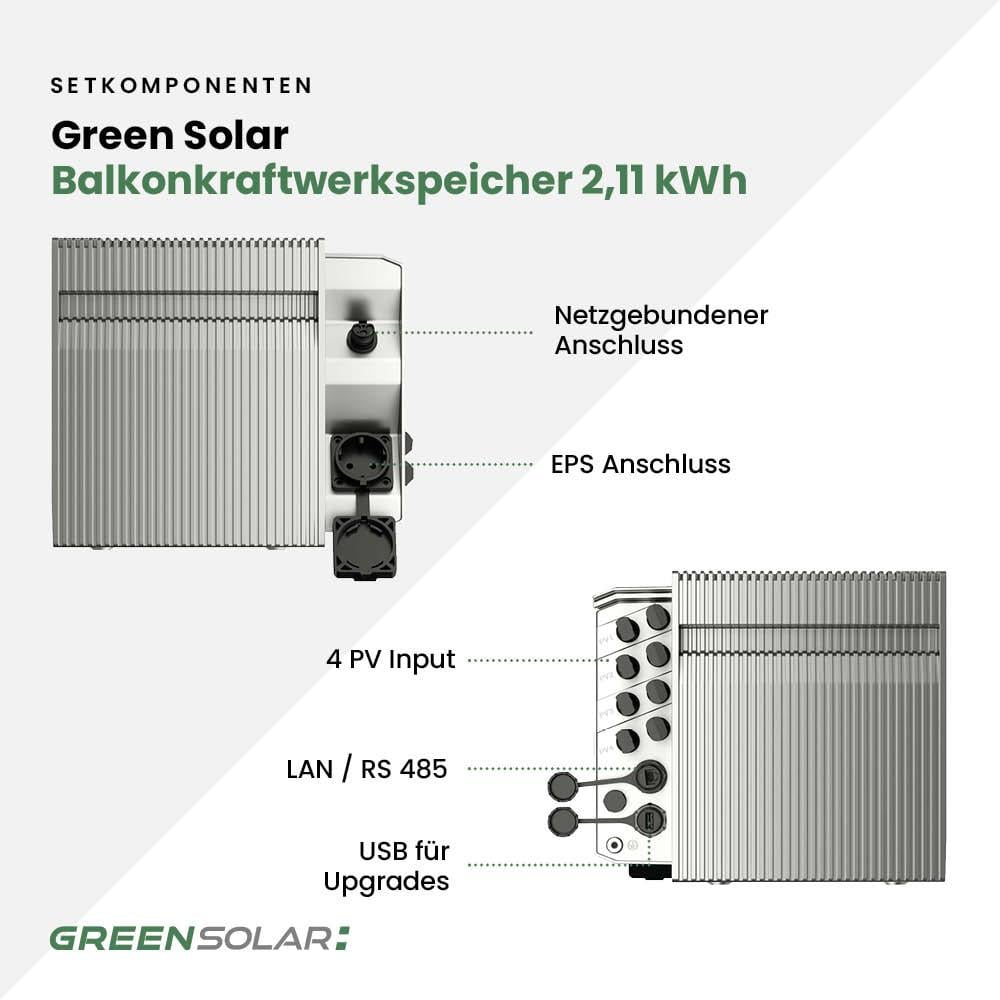 Balkonkraftwerk Basic 1000/800 black bifazial mit Balkonkraftwerkspeicher 2,11 kWh