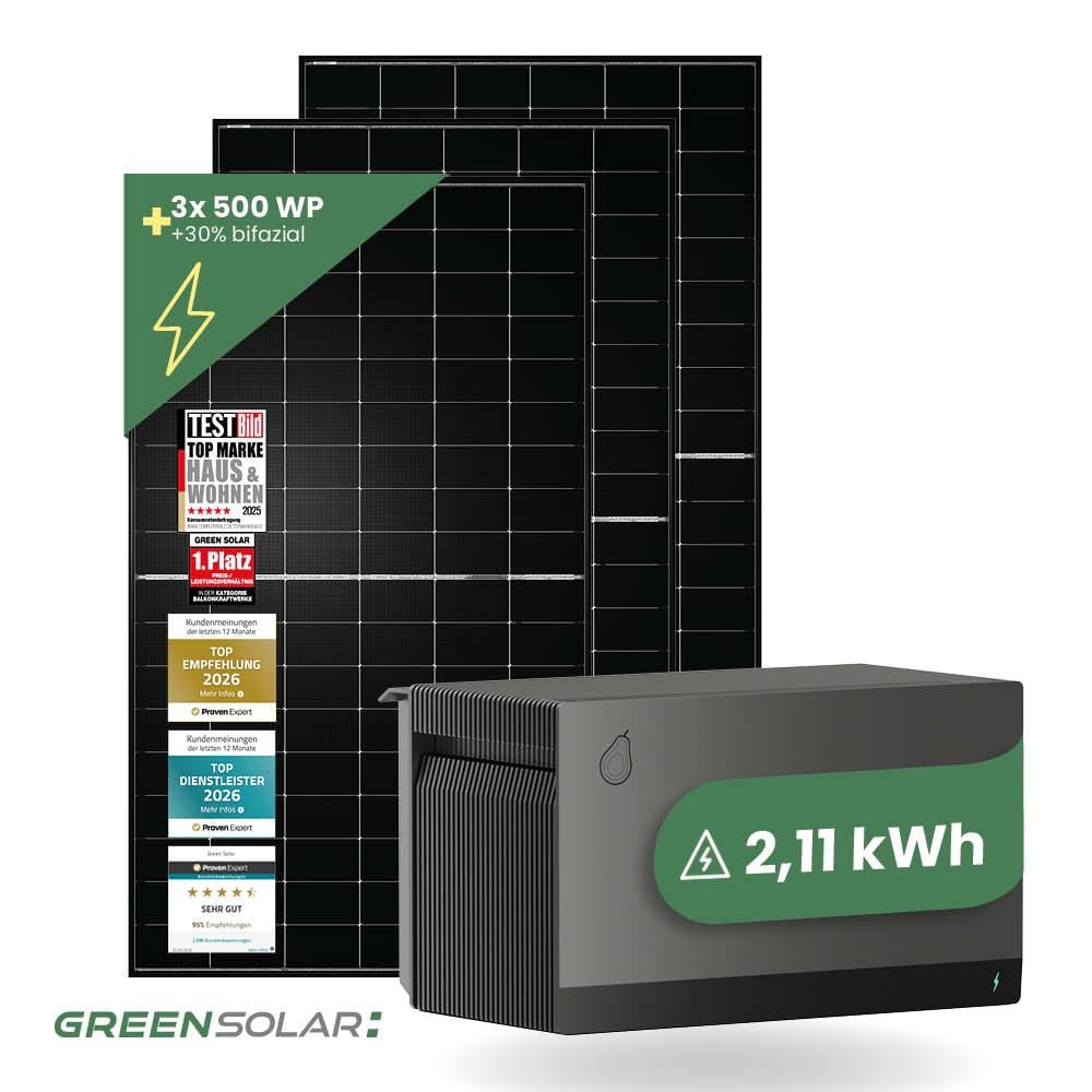 Balkonkraftwerk Basic 1500/800 black bifazial mit Balkonkraftwerkspeicher 2,11 kWh