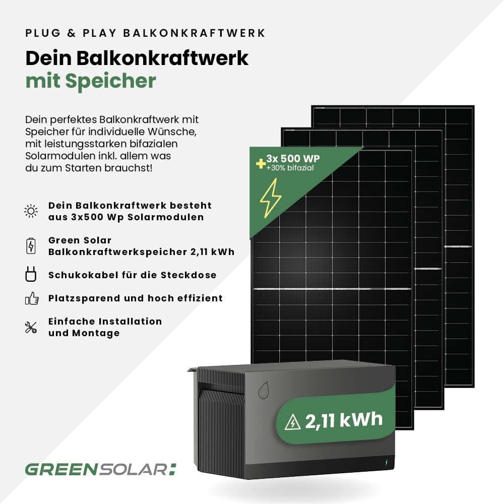 Balkonkraftwerk Basic 1500/800 black bifazial mit Balkonkraftwerkspeicher 2,11 kWh