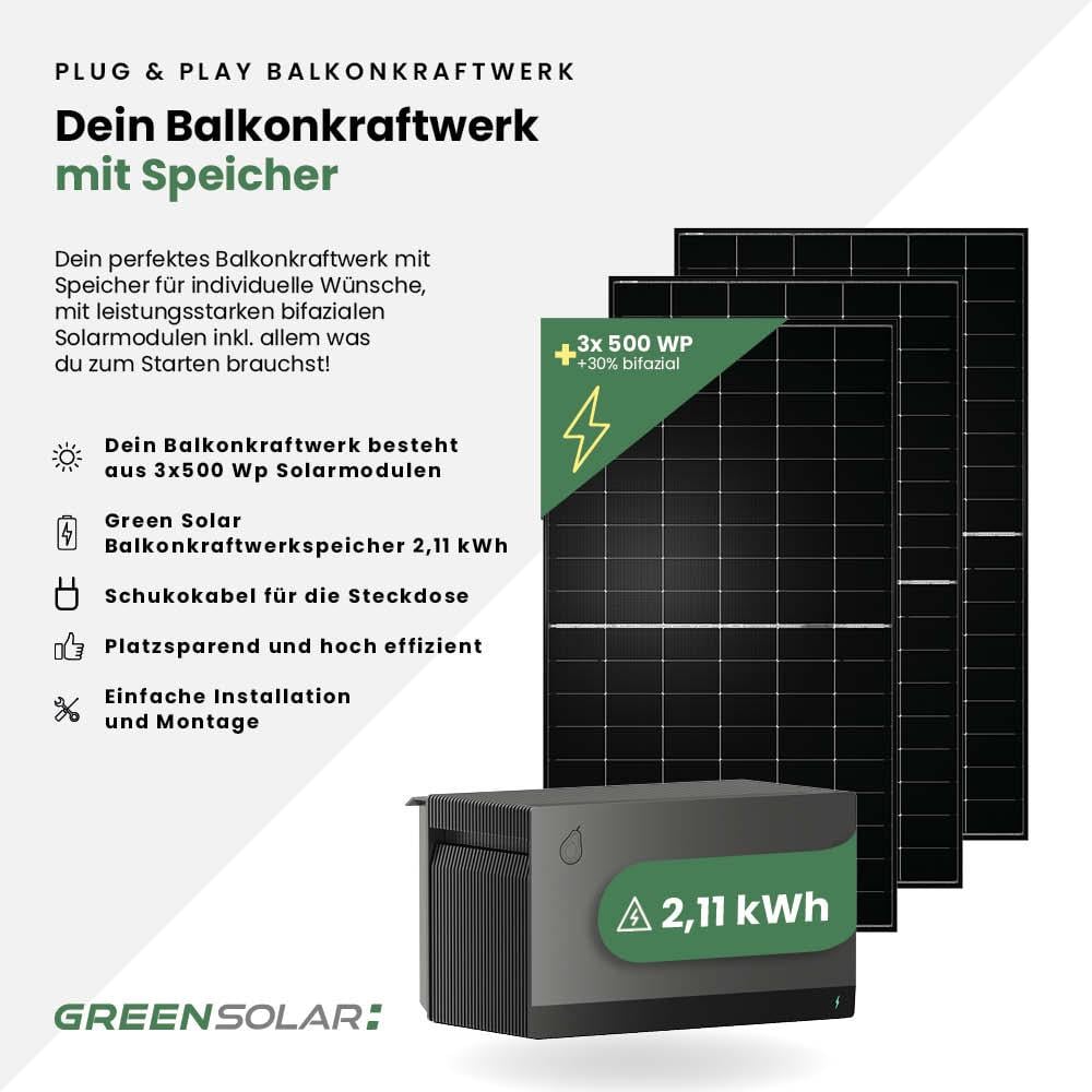 Balkonkraftwerk Basic 1500/800 black bifazial mit Balkonkraftwerkspeicher 2,11 kWh