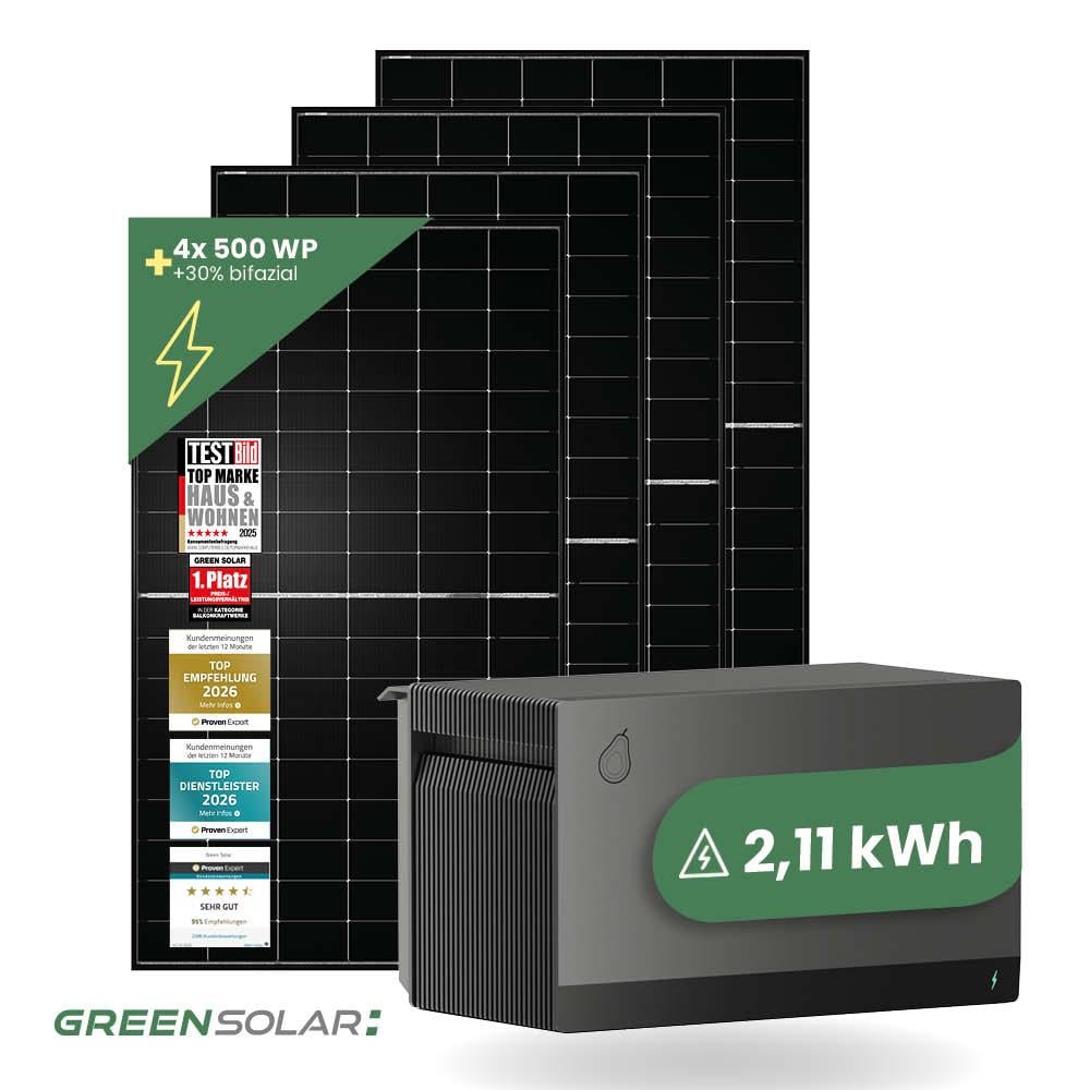 Balkonkraftwerk Basic 2000/800 black bifazial mit Balkonkraftwerkspeicher 2,11 kWh