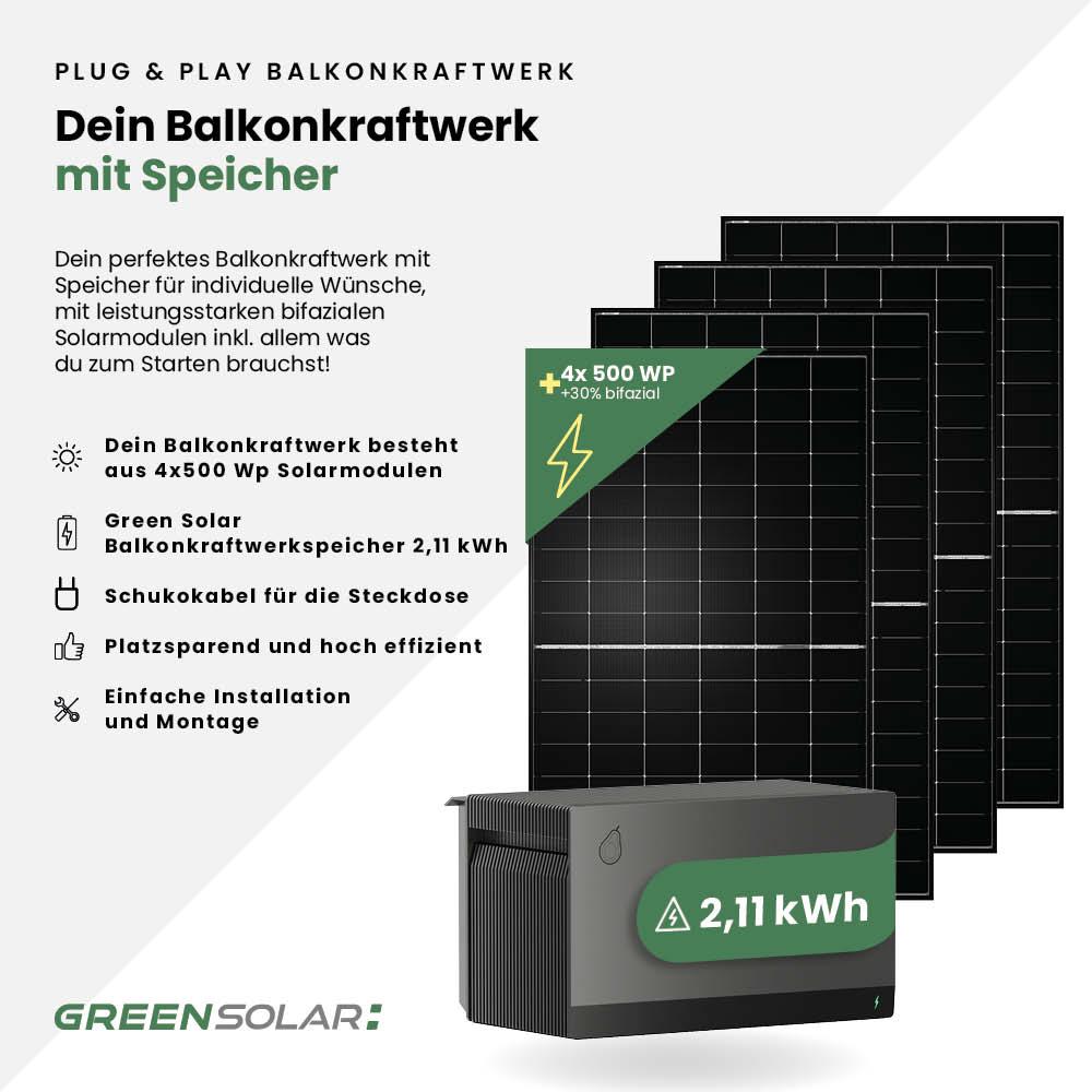 Balkonkraftwerk Basic 2000/800 black bifazial mit Balkonkraftwerkspeicher 2,11 kWh