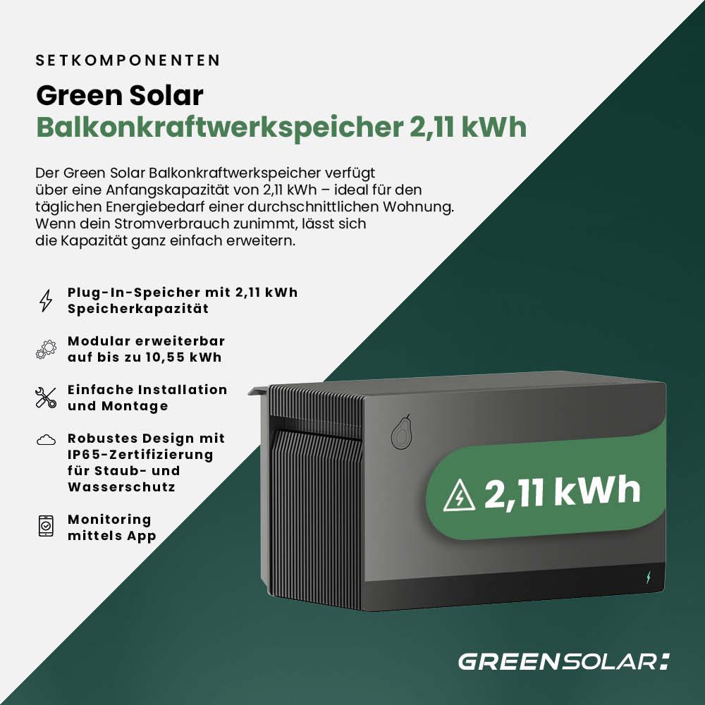 Balkonkraftwerk Basic 2000/800 black bifazial mit Balkonkraftwerkspeicher 2,11 kWh