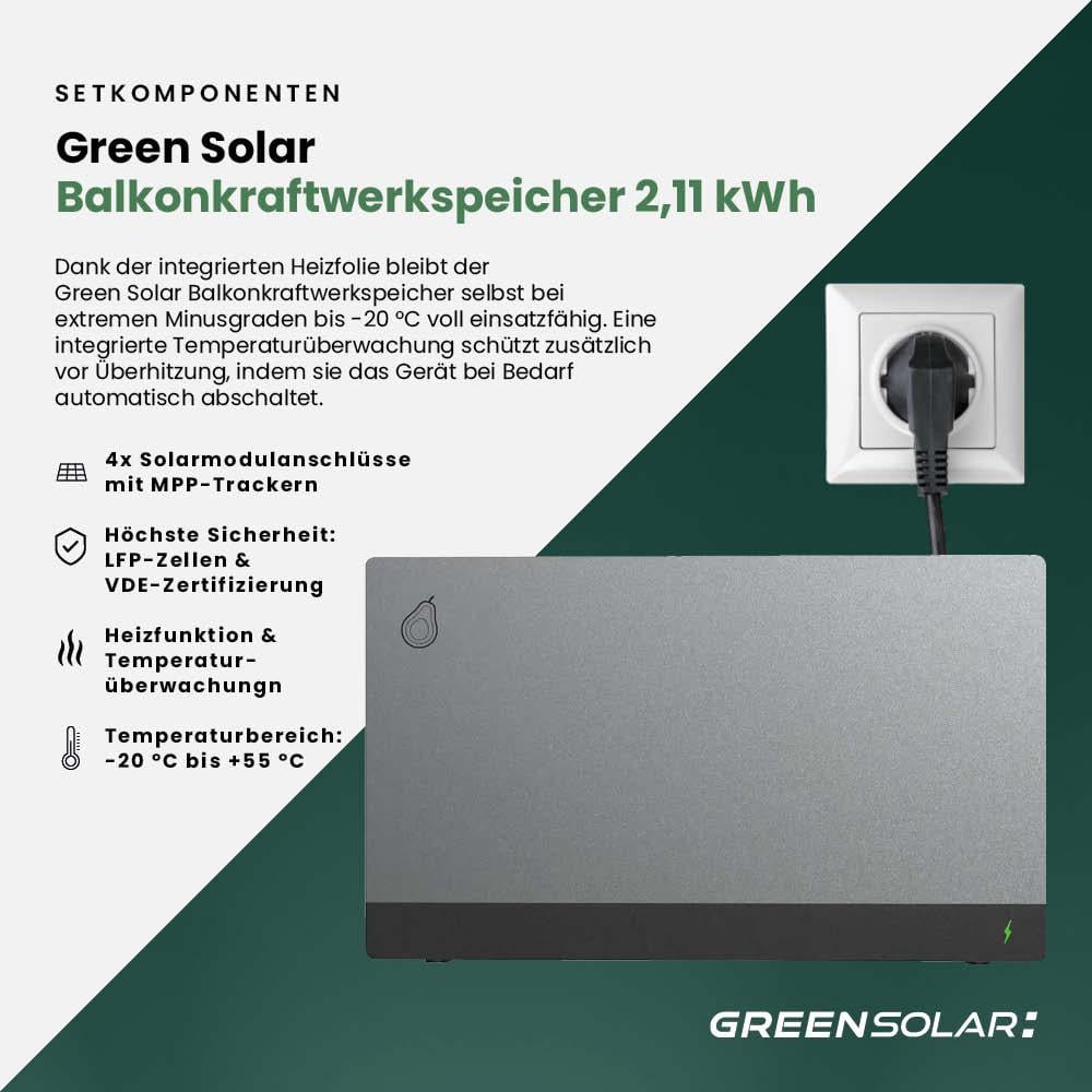 Balkonkraftwerk Basic 2000/800 black bifazial mit Balkonkraftwerkspeicher 2,11 kWh