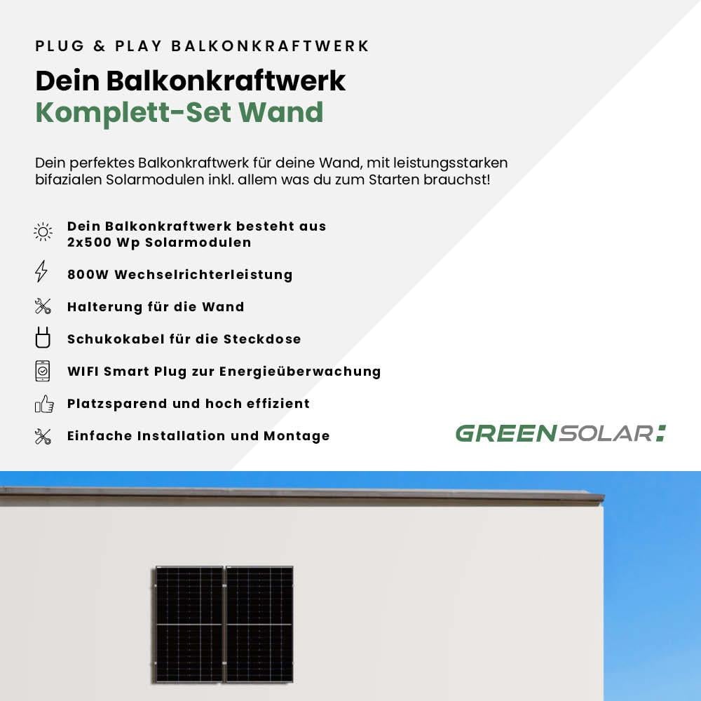Balkonkraftwerk Wand M - Komplett-Set (1000W) inkl. Wifi Plug