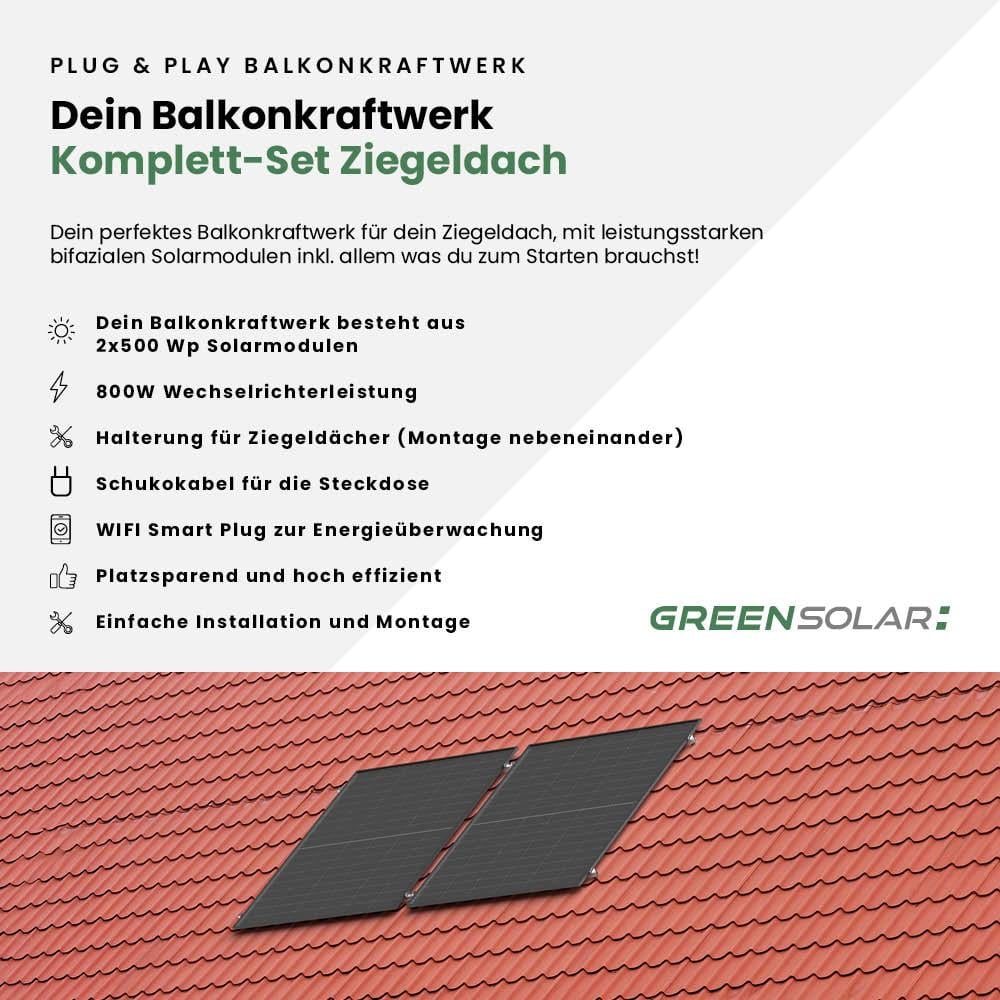 Balkonkraftwerk Ziegeldach M - Komplett-Set (1000W) inkl. Wifi Plug