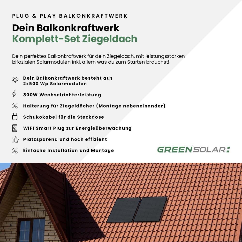 Balkonkraftwerk Ziegeldach M - Komplett-Set (1000W) inkl. Wifi Plug