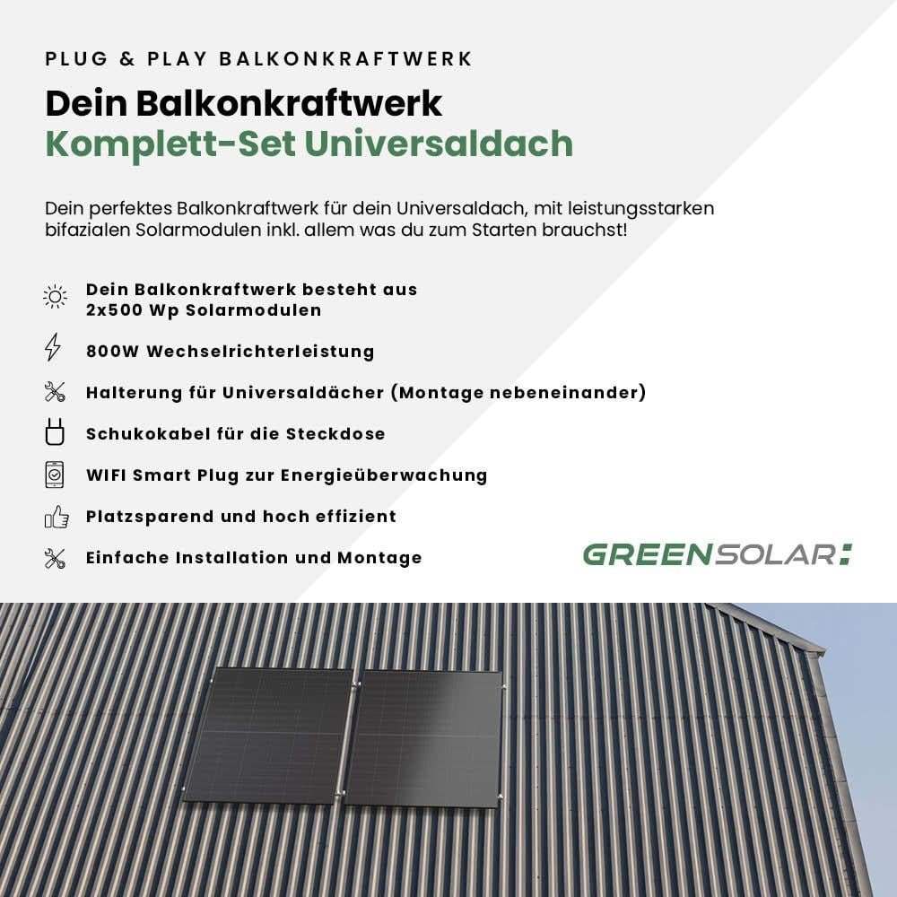 Balkonkraftwerk Universaldach M - Komplett-Set (1000W) inkl. Wifi Plug