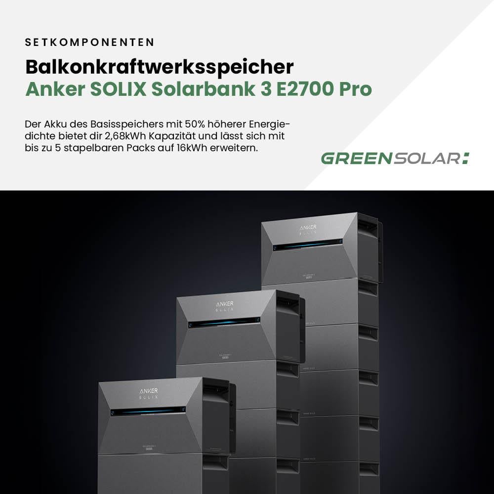 Balkonkraftwerk Basic 900/800 bifazial mit Balkonkraftwerkspeicher 2,7kWh "Anker SOLIX Solarbank 3 E-2700 Pro"