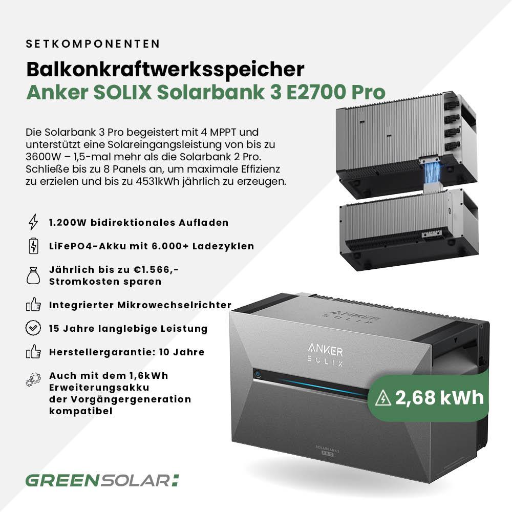 Balkonkraftwerk Basic 900/800 bifazial mit Balkonkraftwerkspeicher 2,7kWh "Anker SOLIX Solarbank 3 E-2700 Pro"