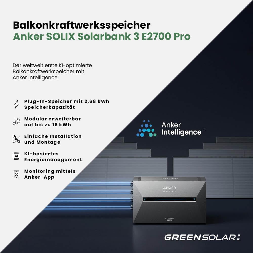 Balkonkraftwerk Basic 1350/800 black bifazial mit Balkonkraftwerkspeicher 2,7kWh "Anker SOLIX Solarbank 3 E-2700 Pro"