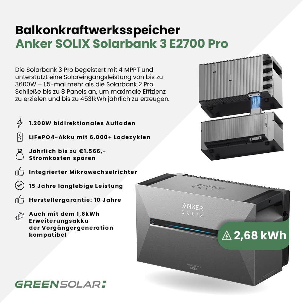 Balkonkraftwerk Basic 1350/800 black bifazial mit Balkonkraftwerkspeicher 2,7kWh "Anker SOLIX Solarbank 3 E-2700 Pro"