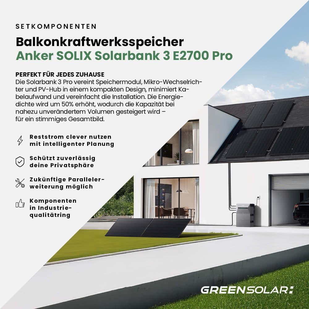 Balkonkraftwerk Basic 3600/800 black bifazial mit Balkonkraftwerkspeicher 2,7kWh "Anker SOLIX Solarbank 3 E-2700 Pro"