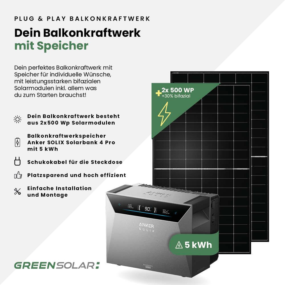 Balkonkraftwerk Basic 1000/800 bifazial mit Balkonkraftwerkspeicher Anker 4