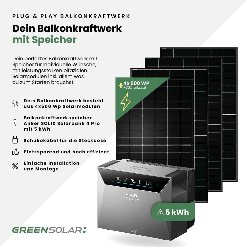 Balkonkraftwerk Basic 2000/800 bifazial mit Balkonkraftwerkspeicher Anker 4