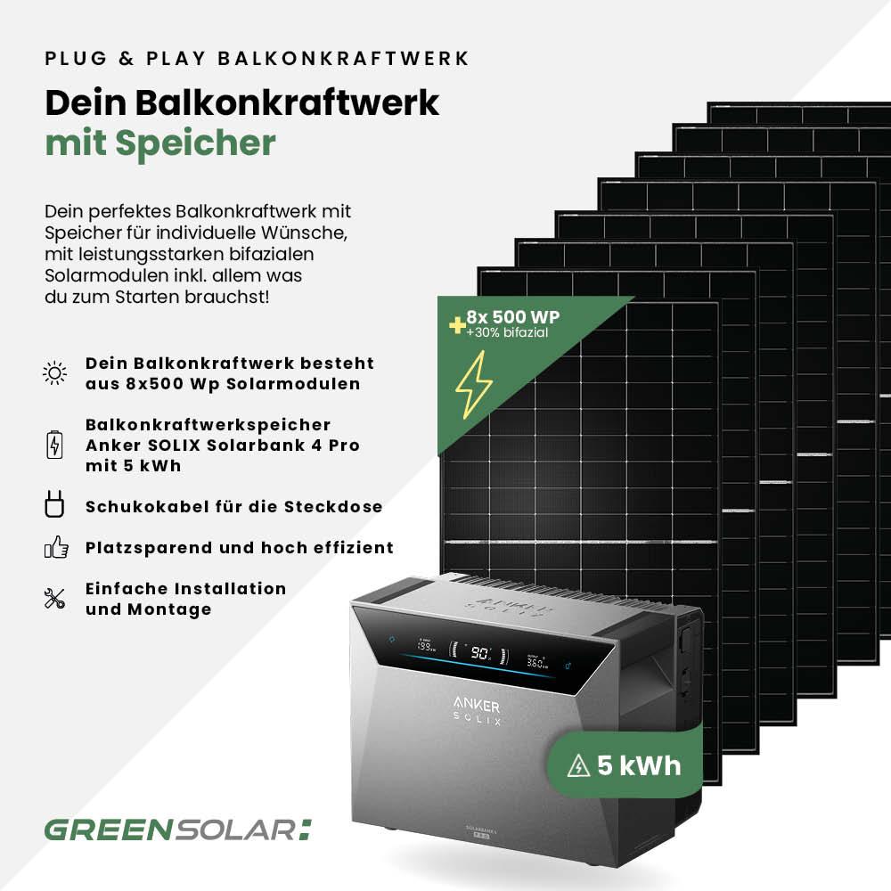 Balkonkraftwerk Basic 4000/800 bifazial mit Balkonkraftwerkspeicher Anker 4