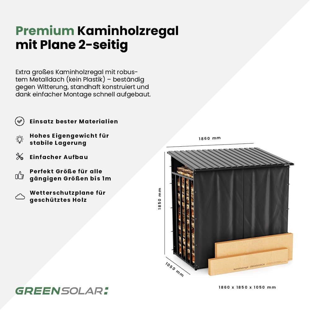 Kaminholzregal mit Balkonkraftwerk 900/800 black und Balkonkraftwerk-Speicher Anker Solarbank 3 E2700 inkl. Plane